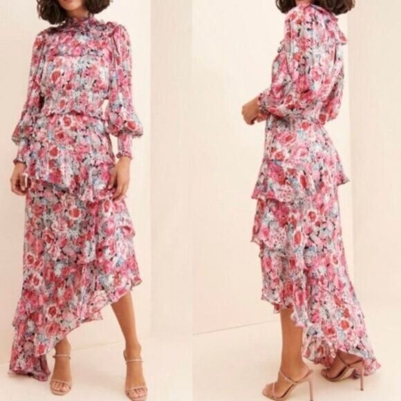 Free People Elliatt Dorian Floral Ruffle Drapey Smocked Maxi Dress Pink/ Rose M - Picture 2 of 14